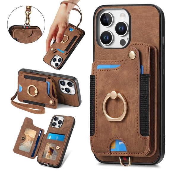 Dteck for iPhone 16 Pro Max Case Wallet with Card Holder,Ring Stand,RFID-Blocking PU Leather Protective Magnetic Flip Cover with Wrist Strap for iPhone 16 Pro Max 6.9",Brown