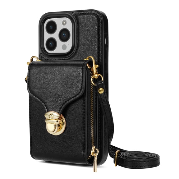 Dteck for iPhone 16 Pro Max Crossbody Wallet Case, Card Holder Zipper Phone Case with Shoulder Strap, Durable Leather Purse for Women Compatible with iPhone 16 Pro Max 6.9 Inch 2024,Black