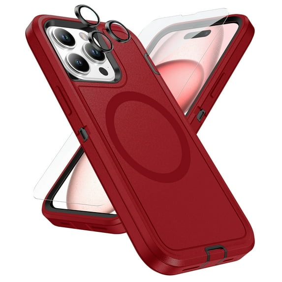 Dteck for iPhone 16 Pro Max Magnetic Case with Screen Protector & Camera Lens Protector, Compatible with MagSafe, 3 In 1 Full Body Protection Heavy Duty Shockproof Protective Cover,Red
