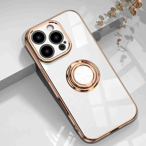 Dteck for iPhone 16 Pro Max Ring Holder Case 360 Degree Rotation Kickstand Girly Case Shiny Plating Work with Magnetic Car Mount Slim Soft TUP Case for Women Girls, White