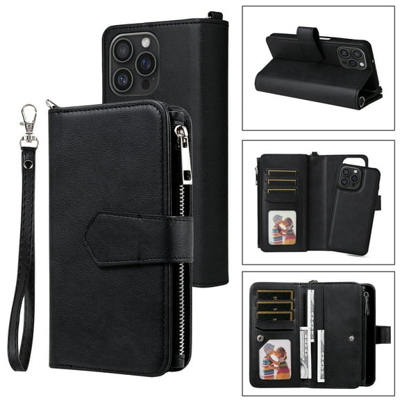 Dteck for iPhone 16 Pro Max Wallet Case, 2 In 1 Detachable Protective Phone Case Women Men Kickstand flip Cover Wrist Strap Zipper Credit Card Holder Slots for iPhone 16 Pro Max,Black