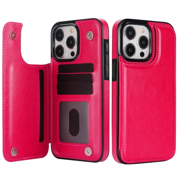 Dteck for iPhone 16 Pro Max Wallet Case with Card Holder, Classic PU Leather Kickstand Card Slots Case, Double Magnetic Clasp and Durable Shockproof Cover, Rose