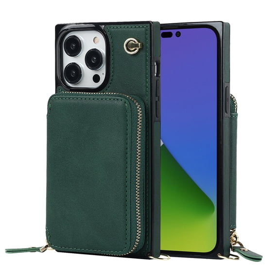 Dteck for iPhone 16 Pro Max Wallet Case with Credit Card Holder Crossbody Strap Handbag RFID Blocking Wallet Zipper Purse Leather Case for Apple iPhone 16 Pro Max 2024, Deep Green