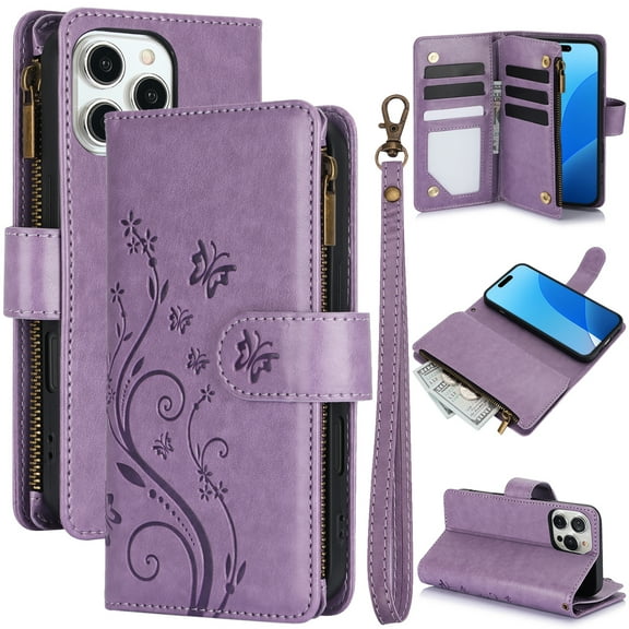 Dteck for iPhone 16 Pro Max Wallet Case, Embossed Butterfly PU Leather Phone Case Women Men Flip Cover Wrist Strap Zipper Credit Card Holder Slots,Purple