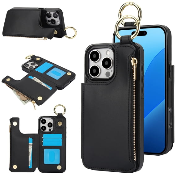 Dteck for iPhone 16 Pro Max Wallet Case, Flip Leather Case with RFID Blocking Card Holder Zipper Pocket, Ring Holder Kickstand Protective Folio Phone Cover for iPhone 16 Pro Max,Black