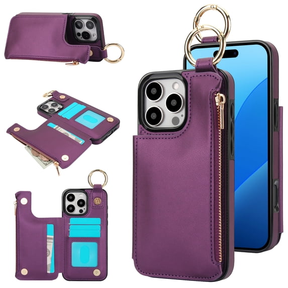 Dteck for iPhone 16 Pro Max Wallet Case, Flip Leather Case with RFID Blocking Card Holder Zipper Pocket, Ring Holder Kickstand Protective Folio Phone Cover for iPhone 16 Pro Max,Darkpurple