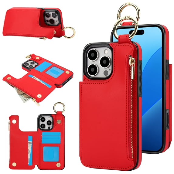 Dteck for iPhone 16 Pro Max Wallet Case, Flip Leather Case with RFID Blocking Card Holder Zipper Pocket, Ring Holder Kickstand Protective Folio Phone Cover for iPhone 16 Pro Max,Red