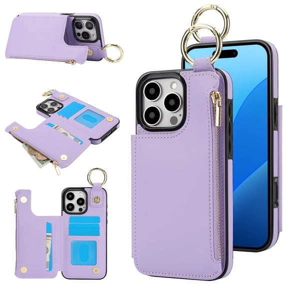 Dteck for iPhone 16 Pro Max Wallet Case, Flip Leather Case with RFID Blocking Card Holder Zipper Pocket, Ring Holder Kickstand Protective Folio Phone Cover for iPhone 16 Pro Max,Violet