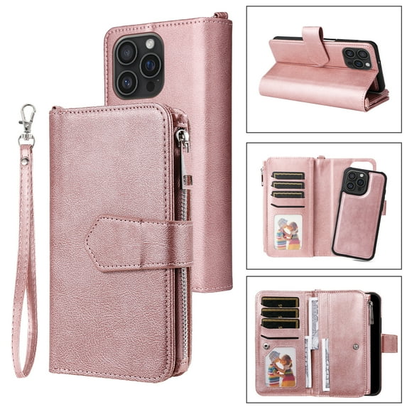 Dteck for iPhone 16 Pro Wallet Case, 2 In 1 Detachable Protective Phone Case Women Men Kickstand flip Cover Wrist Strap Zipper Credit Card Holder Slots for iPhone 16 Pro,Rosegold