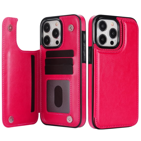 Dteck for iPhone 16 Pro Wallet Case with Card Holder, Classic PU Leather Kickstand Card Slots Case, Double Magnetic Clasp and Durable Shockproof Cover, Rose