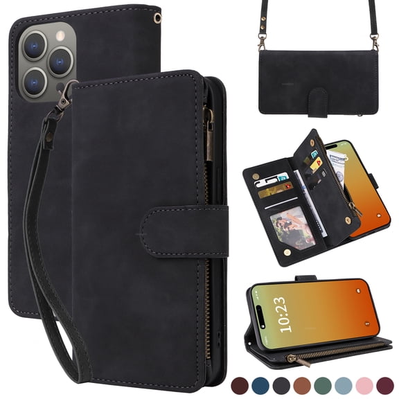 Dteck for iPhone 16 Pro Wallet Case, Crossbody Phone Purse with Card Holder for Women Men, Soft PU Leather Zipper Carry Cover with Shoulder Strap for iPhone 16 Pro,Black