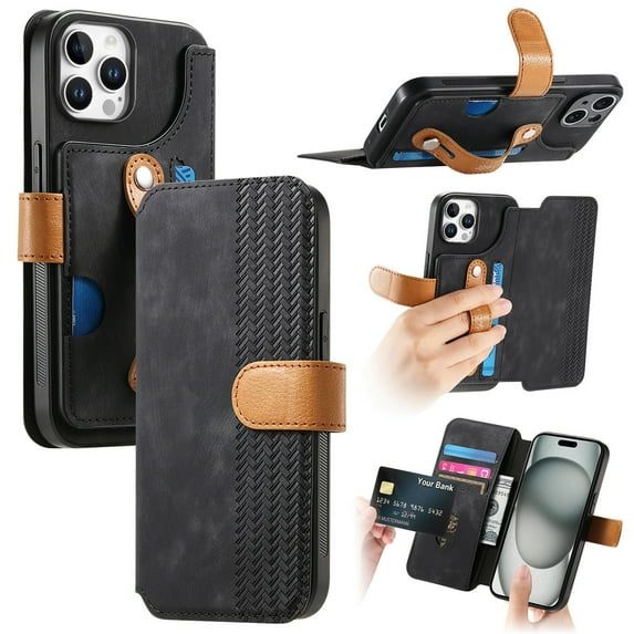 Dteck for iPhone 16 Pro Wallet Case with RFID Blocking Credit Card Holder,Wristband Strap Kickstand PU Leather Flip Shockproof Cover Women Men for iPhone 16 Pro Case,Black