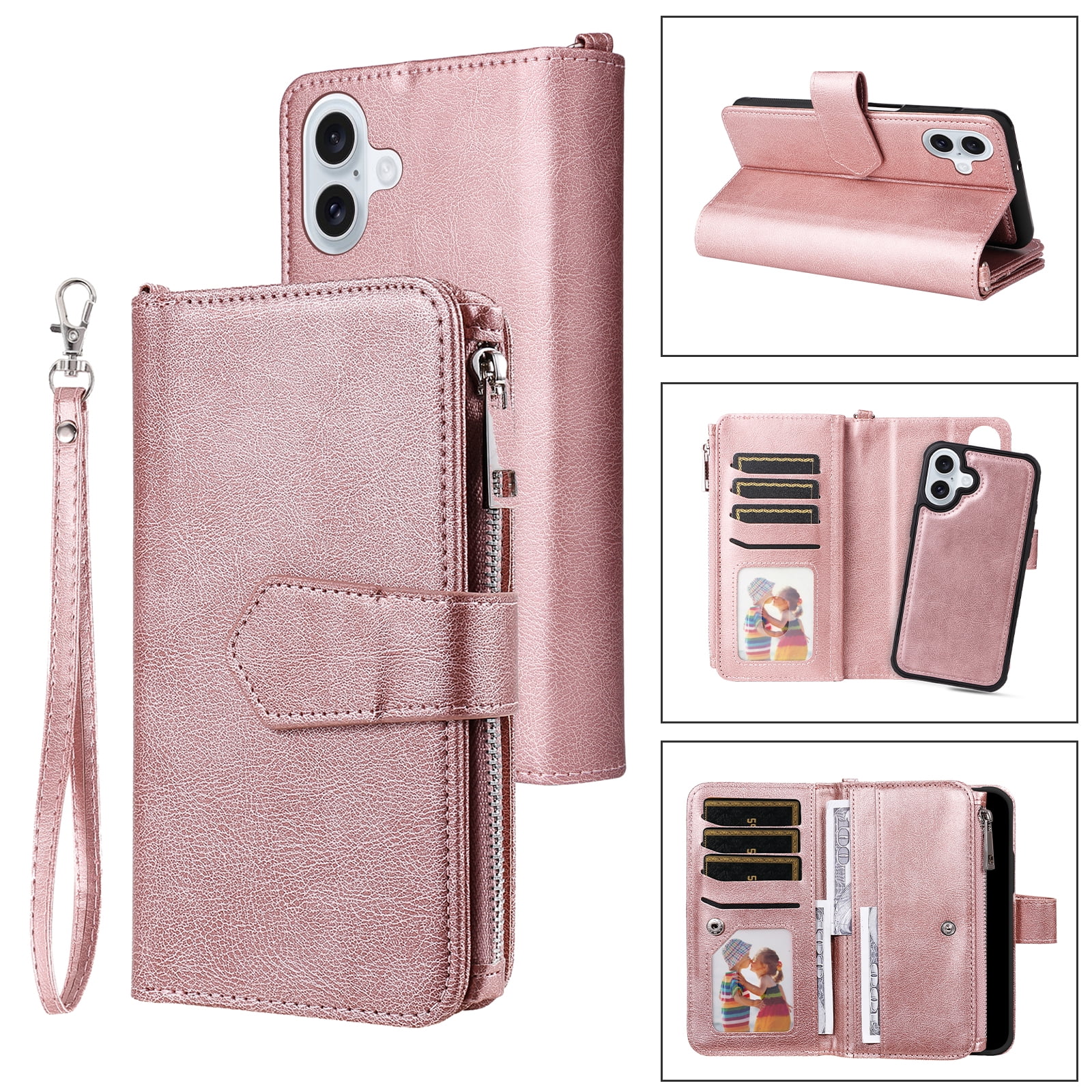Dteck for iPhone 16 Wallet Case, 2 In 1 Detachable Protective Phone Case Women Men Kickstand flip Cover Wrist Strap Zipper Credit Card Holder Slots for iPhone 16,Rosegold