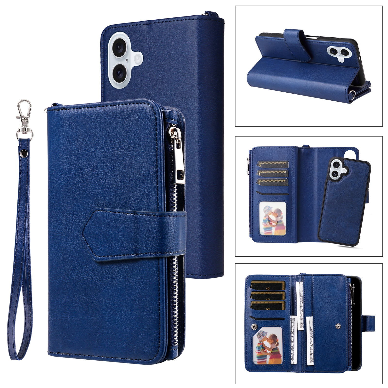 Dteck for iPhone 16 Wallet Case, 2 In 1 Detachable Protective Phone Case Women Men Kickstand flip Cover Wrist Strap Zipper Credit Card Holder Slots for iPhone 16,Blue