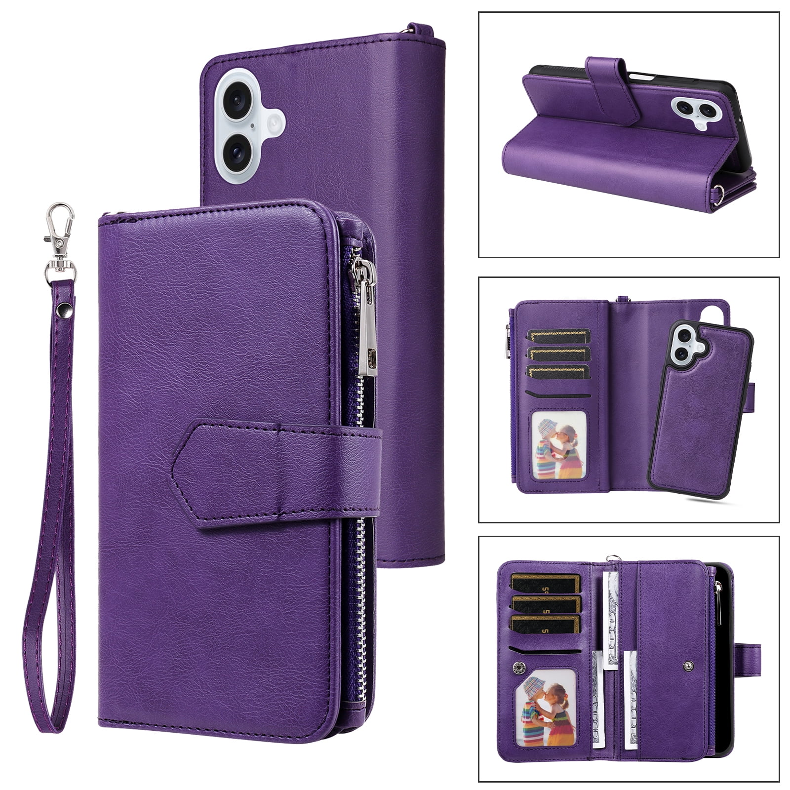 Dteck for iPhone 16 Wallet Case, 2 In 1 Detachable Protective Phone Case Women Men Kickstand flip Cover Wrist Strap Zipper Credit Card Holder Slots for iPhone 16,Purple