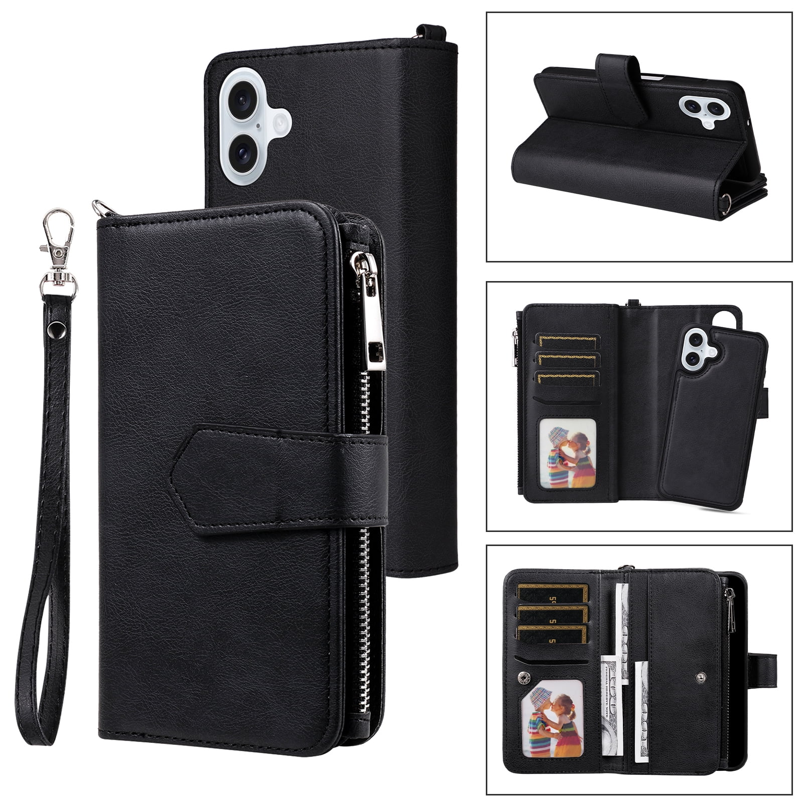 Dteck for iPhone 16 Wallet Case, 2 In 1 Detachable Protective Phone Case Women Men Kickstand flip Cover Wrist Strap Zipper Credit Card Holder Slots for iPhone 16,Black