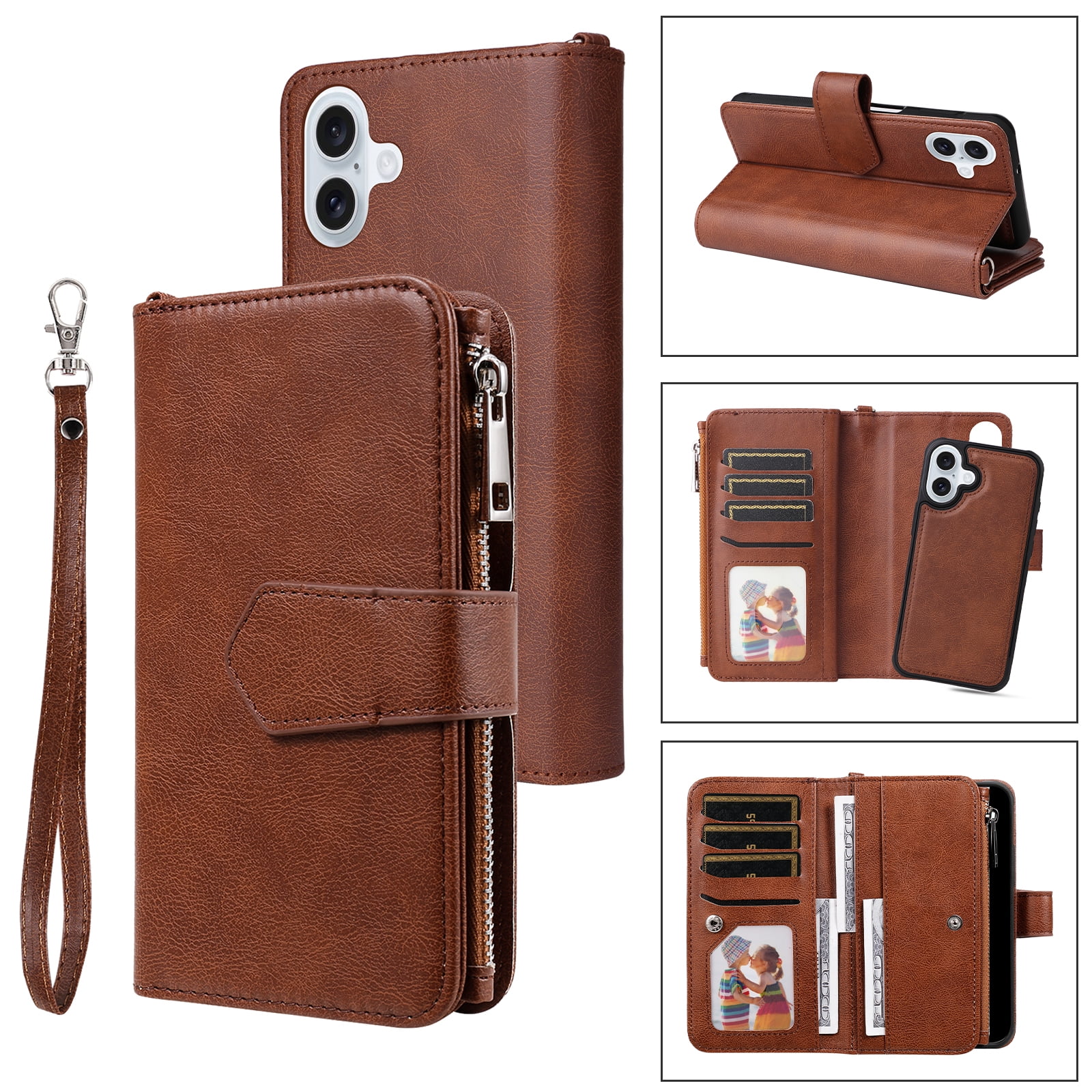 Dteck for iPhone 16 Wallet Case, 2 In 1 Detachable Protective Phone Case Women Men Kickstand flip Cover Wrist Strap Zipper Credit Card Holder Slots for iPhone 16,Brown