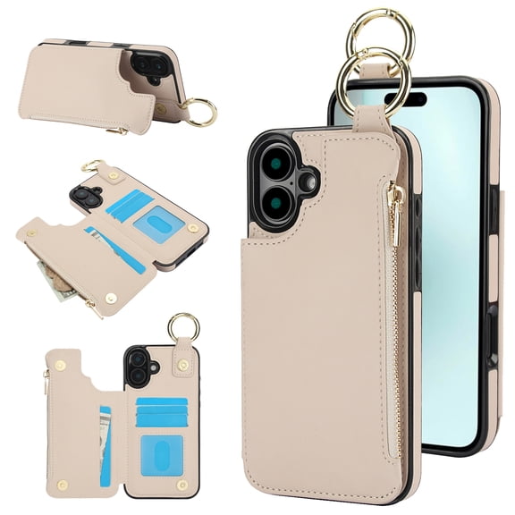 Dteck for iPhone 16 Wallet Case, Flip Leather Case with RFID Blocking Card Holder Zipper Pocket, Ring Holder Kickstand Protective Folio Phone Cover for iPhone 16,White