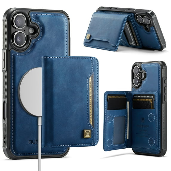 Dteck for iPhone 16 Wallet Case Magnetic Card Holder, Compatible with MagSafe, RFID Blocking 2 in 1 Detachable Kickstand Shockproof Case for Women Men,Blue