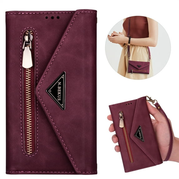 Dteck for iPhone 16 Wallet Case, Retro PU Leather Crossbody Strap Wirstlet Flip Case with Magnetic Closure Zipper Purse Handbag for iPhone 16, Winered