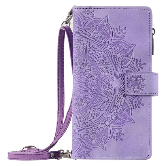 Dteck for iPhone 16 Wallet Case for Women, iPhone 16 Case with 8-Card Holder, Embossed PU Leather Zipper Pocket Handbag Purse Flip Phone Case with Crossboy Strap,Purple