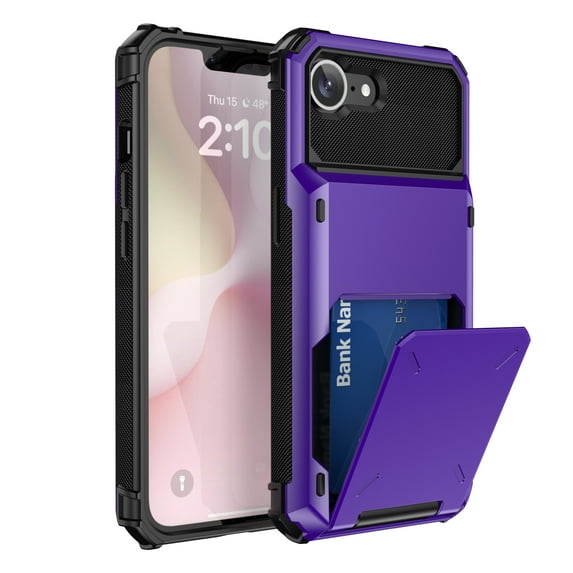 Dteck for iPhone 16E 2025 released Wallet Case, Credit Card Holder ID Slot Pocket Dual Layer Protective Bumper Rugged TPU Rubber Armor Hard Shell Cover, Purple