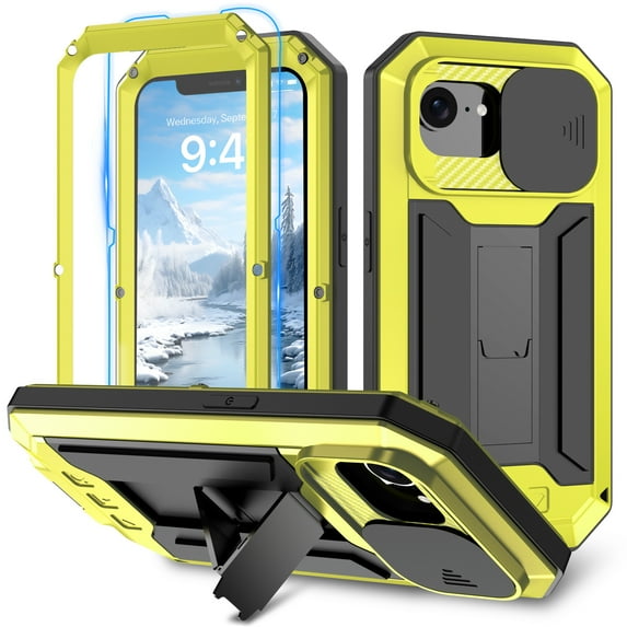 Dteck for iPhone 16E Case with Camera Cover Sliding, Heavy Duty Protection Rugged Screw Full Body Military Grade Metal Rubber with Stand Hard Built in Screen Protector for iPhone 16e 2025,Yellow