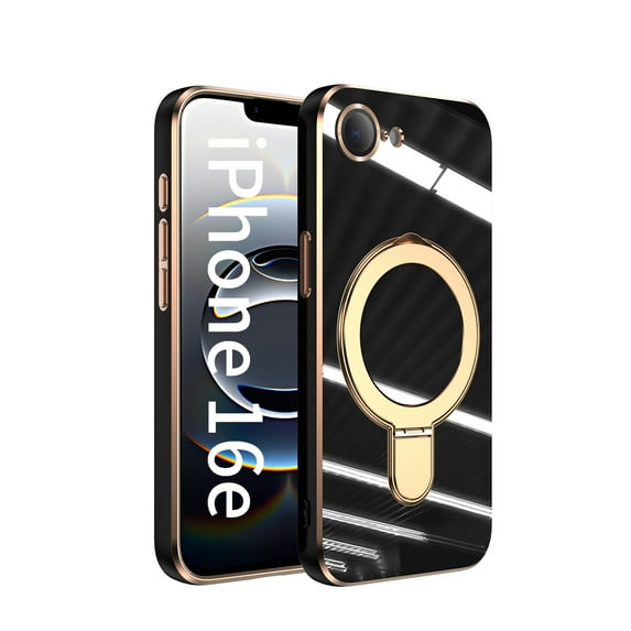Dteck for iPhone 16E Case with Magnetic Ring Stand, Compatible with MagSafe, Full Camera Lens Protector, Plating Edge Shockproof Phone Cover for iPhone 16E 6.1 inch,Black