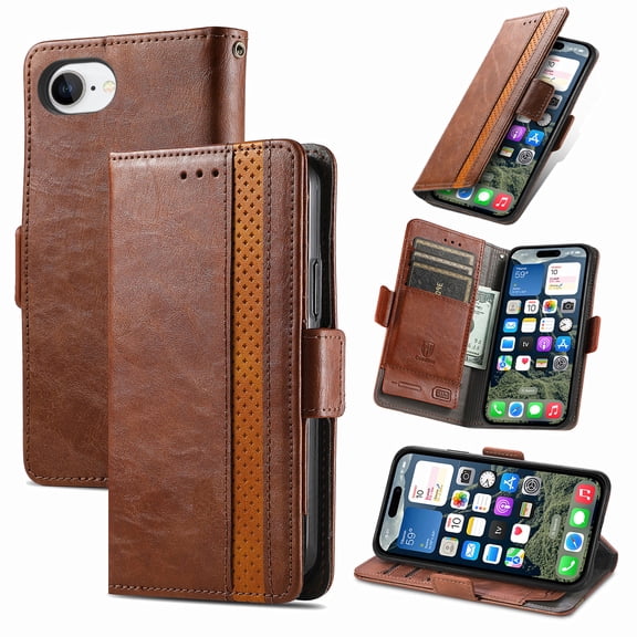 Dteck for iPhone 16E Wallet Case, Magnetic PU Leather Flip Folio Case with Card Holders RFID Blocking Kickstand Shockproof TPU Inner Shell Phone Case, Darkbrown