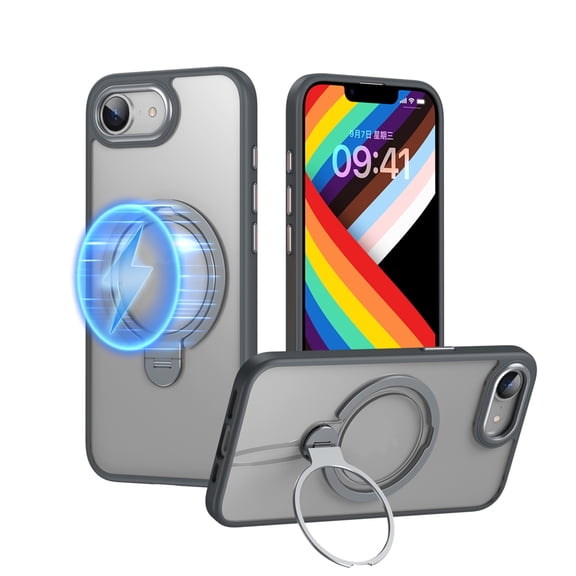 Dteck for iPhone 16e Case 2025, Compatible with MagSafe, Built-in Rotatable Ring Holder Matte Lightweight Military Grade Protection Shockproof Phone Case for iPhone 16e 6.1",Gray