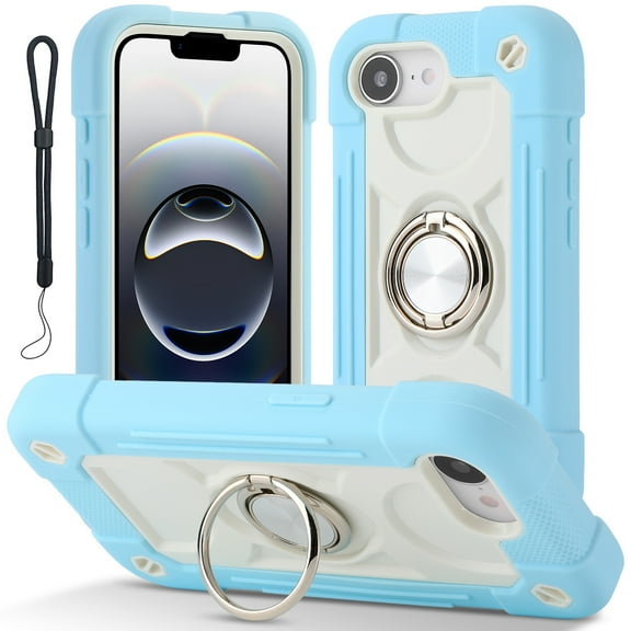 Dteck for iPhone 16e Case 6.1 Inch with Built-in 360°Rotating Ring Stand, Military Grade Drop Protection Full Body Rugged Heavy Duty Protective Cover with Wrist Strap,Light Blue