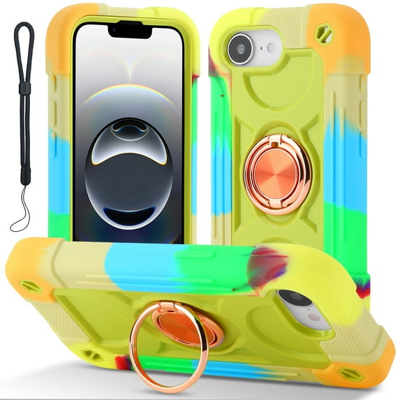 Dteck for iPhone 16e Case 6.1 Inch with Built-in 360°Rotating Ring Stand, Military Grade Drop Protection Full Body Rugged Heavy Duty Protective Cover with Wrist Strap,Rainbow Yellow