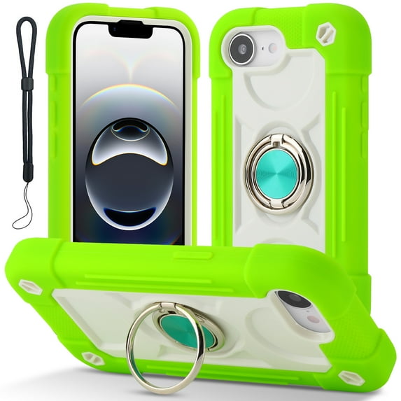 Dteck for iPhone 16e Case 6.1 Inch with Built-in 360°Rotating Ring Stand, Military Grade Drop Protection Full Body Rugged Heavy Duty Protective Cover with Wrist Strap,Green
