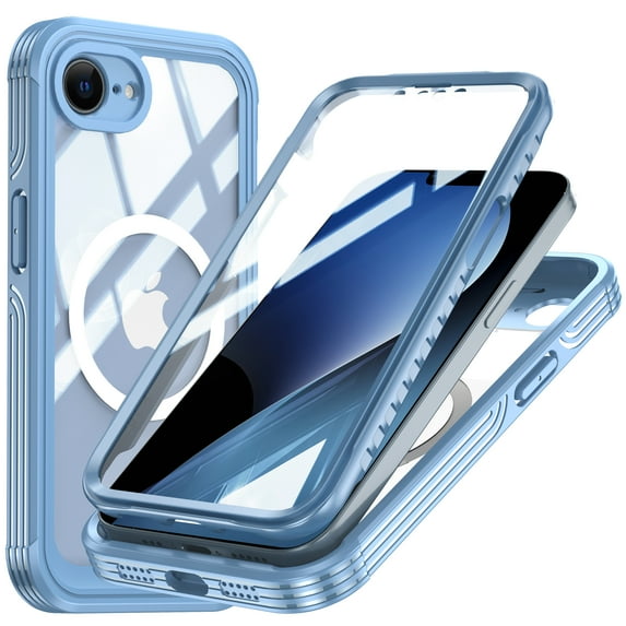 Dteck for iPhone 16e Case with Built-in Screen Protector, for iPhone 16E Magnetic Phone Case Compatible with MagSafe, Military-Grade Protection Full Body Shockproof Clear Protective Phone Cover,Blue