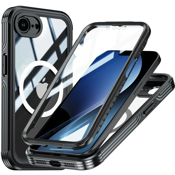 Dteck for iPhone 16e Case with Built-in Screen Protector, for iPhone 17e Magnetic Phone Case Compatible with MagSafe, Military-Grade Protection Full Body Shockproof Clear Protective Phone Cover,Black