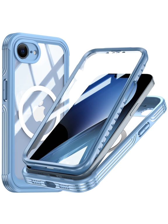 for iPhone 16e Case with Built-in Screen Protector, for iPhone 17e Magnetic Phone Case Compatible with MagSafe, Military-Grade Protection Full Body Shockproof Clear Protective Phone Cover,Blue