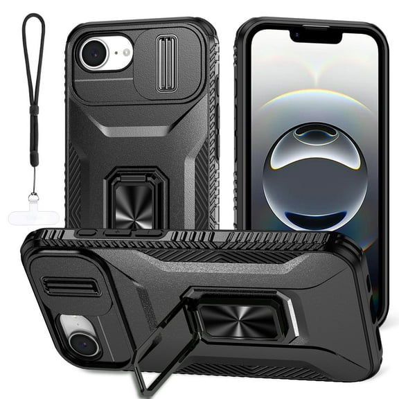 Dteck for iPhone 16e Case with Camera Protection Sliding Cover + Lanyard, Military Grade Drop Protection Rugged Shockproof Cover with Kickstand 6.1 inch 2025,Black