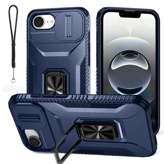Dteck for iPhone 16e Case with Camera Protection Sliding Cover + Lanyard, Military Grade Drop Protection Rugged Shockproof Cover with Kickstand 6.1 inch 2025,Blue
