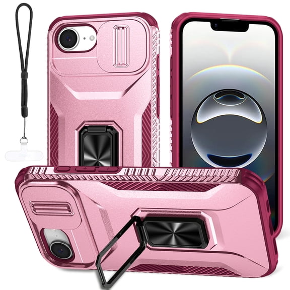 Dteck for iPhone 16e Case with Camera Protection Sliding Cover + Lanyard, Military Grade Drop Protection Rugged Shockproof Cover with Kickstand 6.1 inch 2025,Pink Red