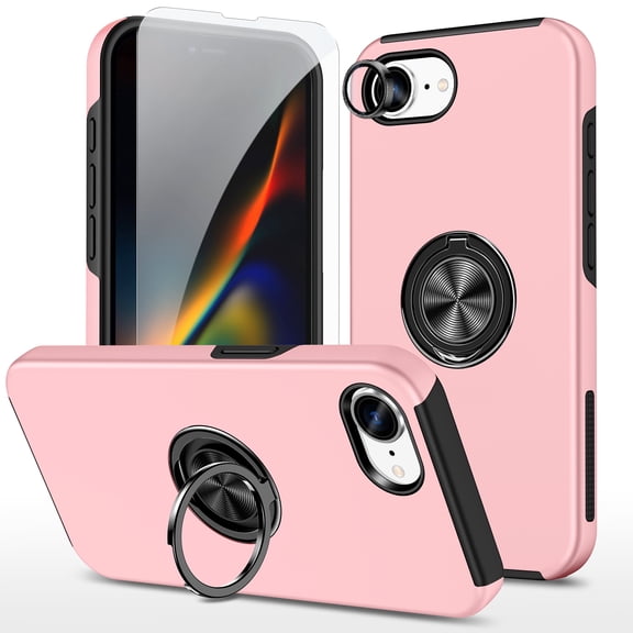 Dteck for iPhone 16e Case with Screen Protector & Camera Lens Protector, Embedded Finger Ring Kickstand Slim Shockproof Phone Cover for iPhone 16e 6.1" 2025, Support Magnetic Car Holder,Rosegold