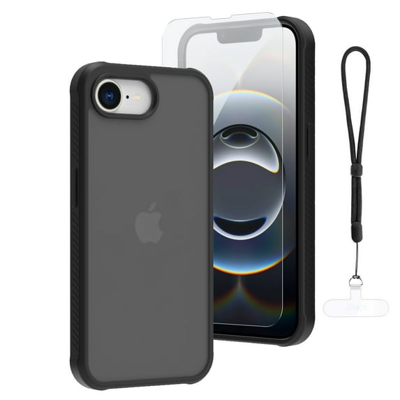 Dteck for iPhone 16e Case with Screen Protector + Lanyard Wrist Strap, Translucent MatteShockproof Protective Phone Case for iPhone 16e 6.1 Inch, Black