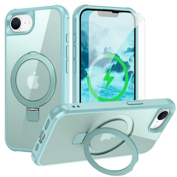 Dteck for iPhone 16e Case with Screen Protector, Magnetic for iPhone 16E Phone Case Compatible with MagSafe, Military Grade Drop Tested Translucent Hard Back Protective Cover with Ring Stand,Blue