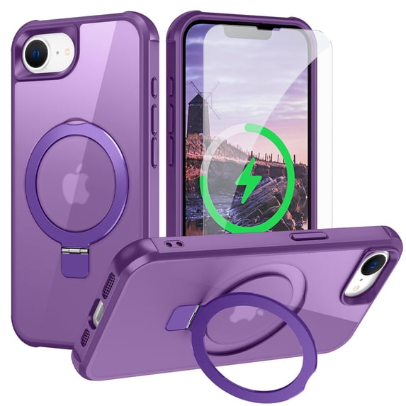 Dteck for iPhone 16e Case with Screen Protector, Magnetic for iPhone 16E Phone Case Compatible with MagSafe, Military Grade Drop Tested Translucent Hard Back Protective Cover with Ring Stand,Purple