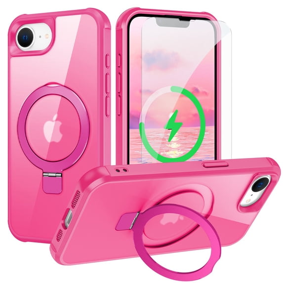 Dteck for iPhone 16e Case with Screen Protector, Magnetic for iPhone 16E Phone Case Compatible with MagSafe, Military Grade Drop Tested Translucent Hard Back Protective Cover with Ring Stand,Rose