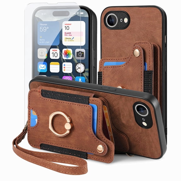 Dteck for iPhone 16e Case Wallet,Card Holder Case with Screen Protector,Folio Cover with RFID Blocking PU Leather Shockproof Phone Case with Rotatable Ring Stand Wrist Strap for iPhone 16e 2025,Brown