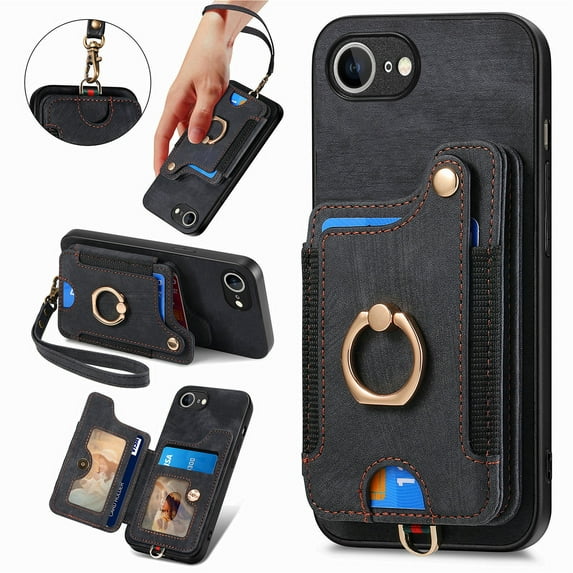 Dteck for iPhone 16e Case Wallet with Card Holder, RFID Blocking PU Leather Protective Case with Ring Holder Stand Wrist Strap for iPhone 16e 6.1 Inch 2025,Black