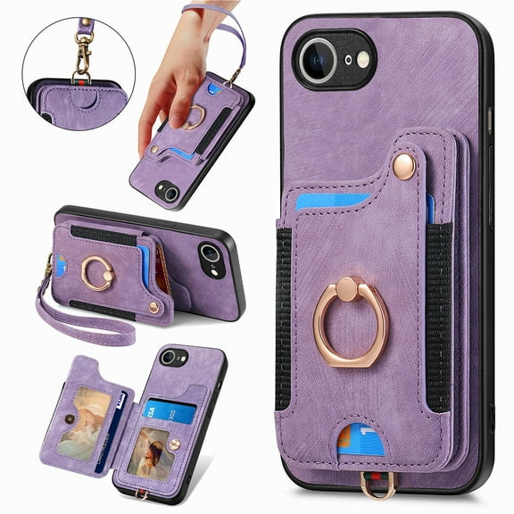Dteck for iPhone 16e Case Wallet with Card Holder, RFID Blocking PU Leather Protective Case with Ring Holder Stand Wrist Strap for iPhone 16e 6.1 Inch 2025,Purple