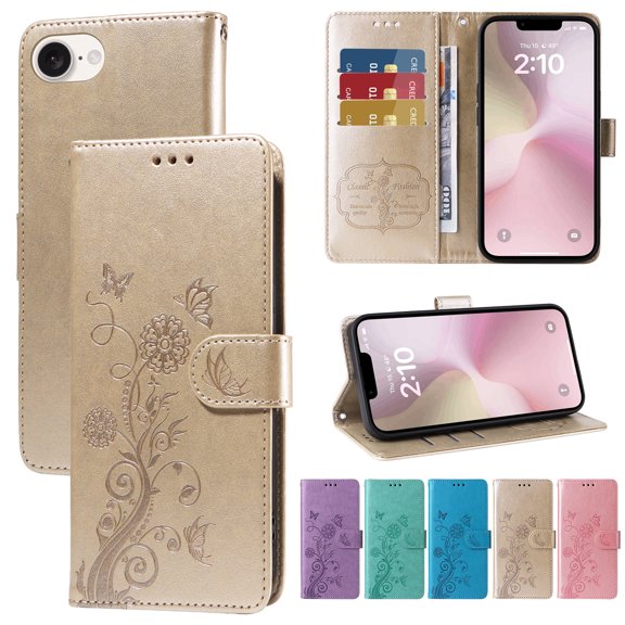 Dteck for iPhone 16e Case Wallet with Card Holder Slots Wrist Strap, TPU Interior Protective Phone Cover Stand Embossed PU Leather Folio Flip Case for iPhone 16e 6.1 Inch 2025,Gold