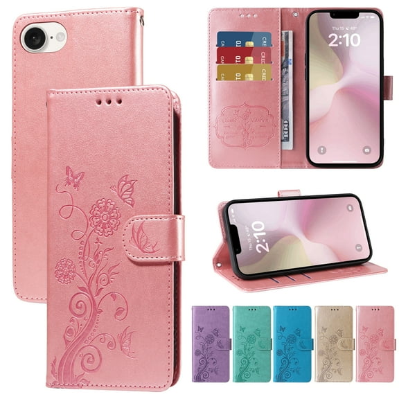 Dteck for iPhone 16e Case Wallet with Card Holder Slots Wrist Strap, TPU Interior Protective Phone Cover Stand Embossed PU Leather Folio Flip Case for iPhone 16e 6.1 Inch 2025,Pink