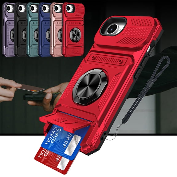 Dteck for iPhone 16e Case Wallet with with Card Holder [Store 2 Cards] + 360° Magnetic Rotated Ring Kickstand, Heavy Duty Drop Protection Wallet Phone Cover with Strap for iPhone 16e 6.1",Red